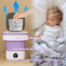 Portable washing machine with detachable drainage bucket, showing vented filter, white & purple