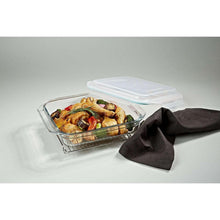 Rectangular glass bake dish with clear lid, roasted chicken and vegetables