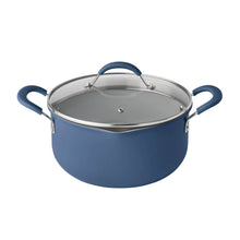 Blue ceramic stockpot with stainless interior and glass strainer lid