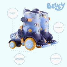 Kids roller skates pair, light blue boots with orange cuff and four inline wheels