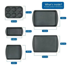 Gray bakeware set showing muffin pan and multiple baking pan sizes, top view