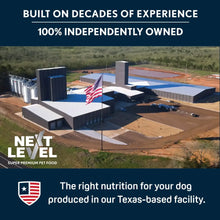 Next Level facility photo with Texas flag and production message on a blue panel