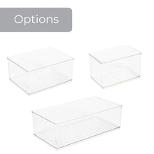 Clear plastic organizer bins shown in multiple shapes and sizes