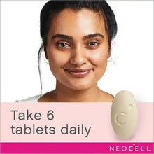 Collagen tablet graphic for Neocell supplement, pale beige tablet with C mark