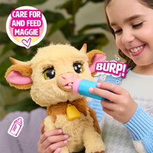 Plush cow with pink ears held by a child, with a blue feeding bottle