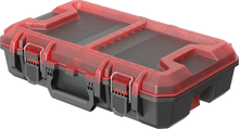 Dark gray toolbox lid with red trim and textured metal-like top panels