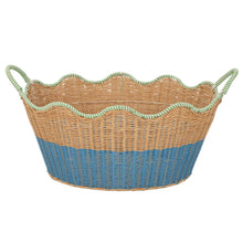 Two-tone rattan drink basket with blue lower section, tan weave, and green rope side handles