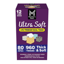 Ultra Soft 3-ply facial tissue cube box, purple design with 12 boxes text