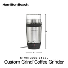 Stainless steel coffee grinder with Custom Grind branding and marked dimensions