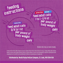 Purina Friskies wet cat food feeding instructions for adult cats per pound body weight