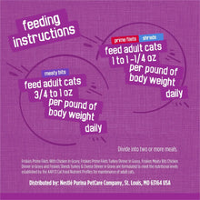 Wet cat food feeding instructions panel with daily adult cat serving amounts