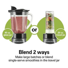 Blender showing 40 oz glass jar and 20 oz travel jar, both with pink smoothie