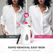 Handheld garment steamer with pink accents next to steamed white button-down shirt