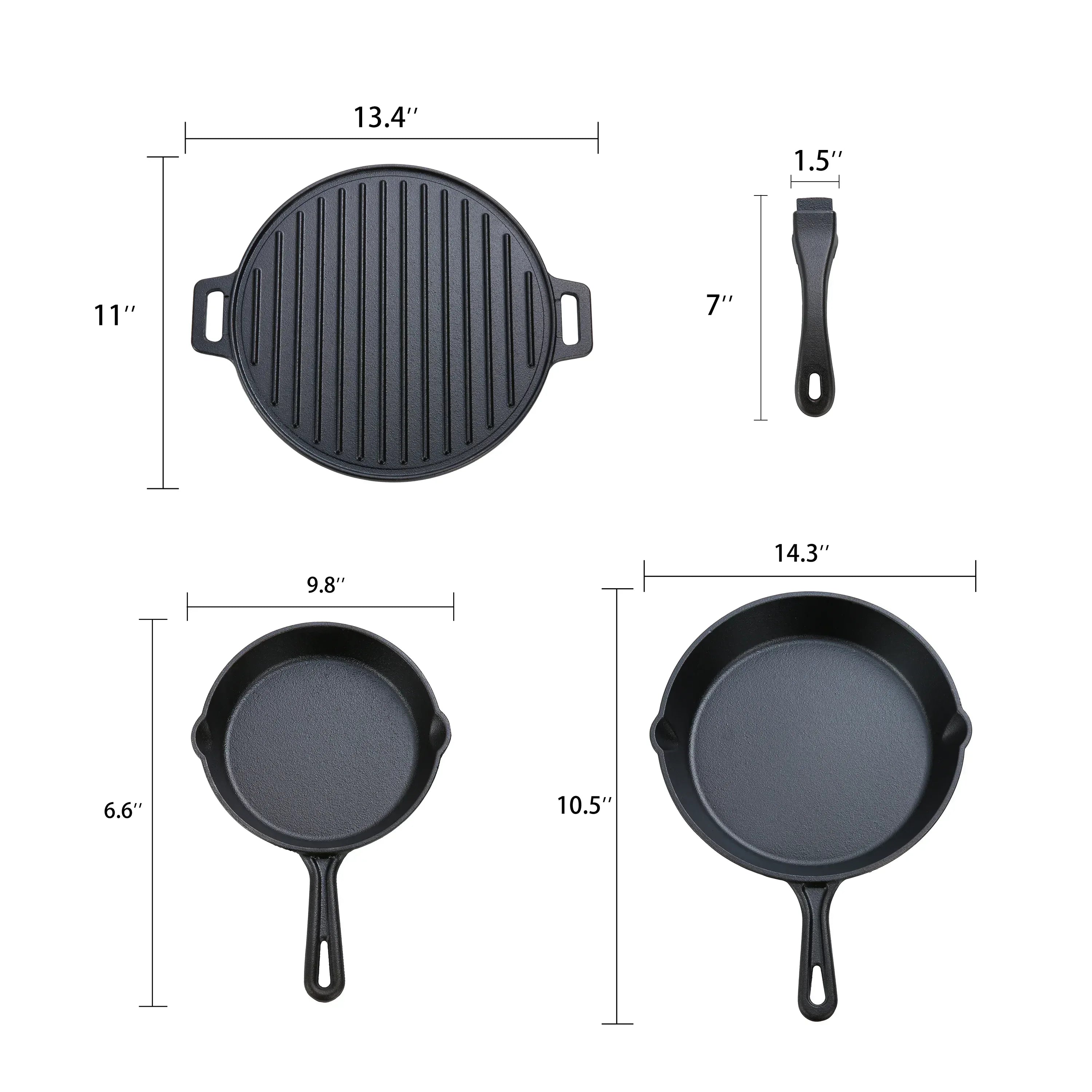 Ozark Trail 4-Piece Cast Iron Skillet Set with Handles and Griddle, Pre-Seasoned, 6", 10.5", 11"
