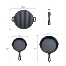 Cast iron cookware set size chart: griddle 13.4 in, skillets 6.6–10.5 in