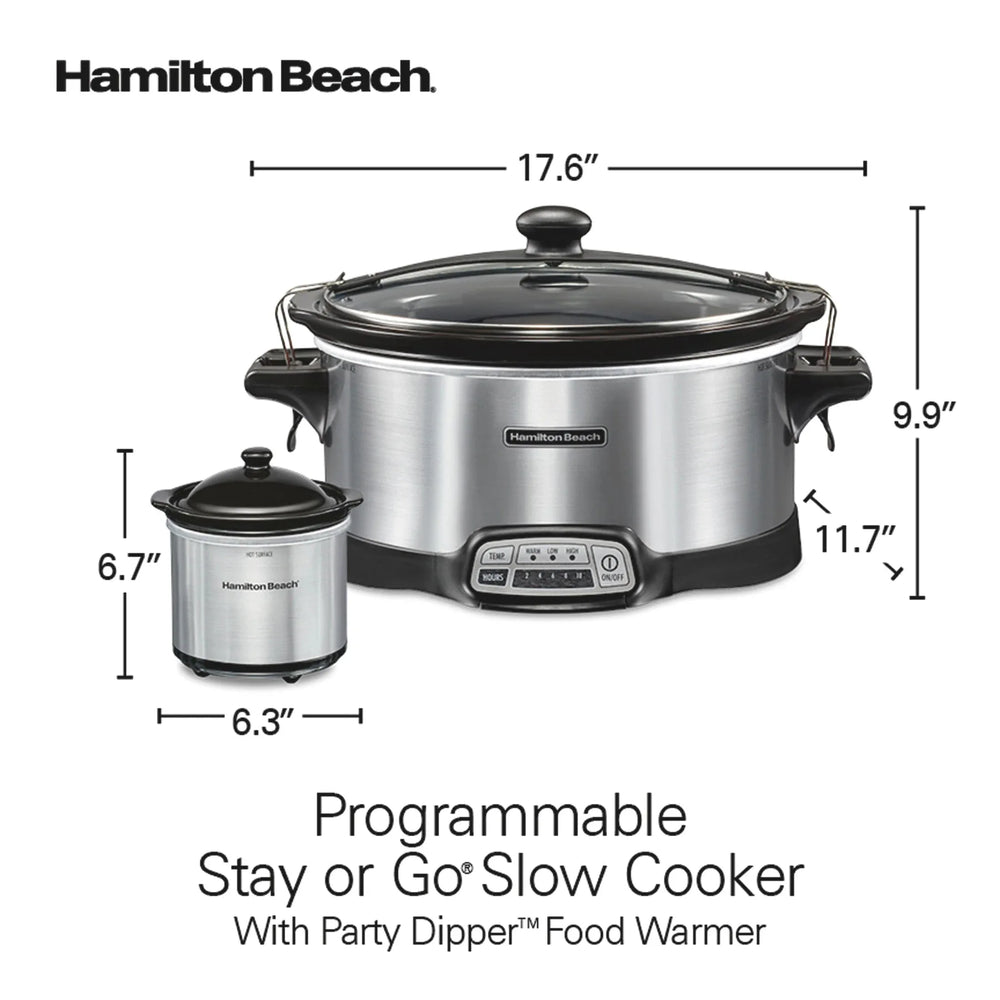 Hamilton Beach 7 Qt Programmable Slow Cooker, Stoneware Crock with Removable Pot, Includes Party Dipper Food Warmer, Stainless Steel - USA MEGA SHOP