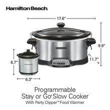 Programmable slow cooker with removable stoneware crock and compact food warmer, size diagram