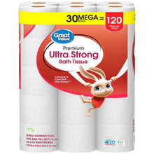 Toilet paper rolls pack labeled 30 mega and 120 regular sheets per roll