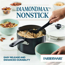 Black nonstick sauce pan being stirred by hand with utensil