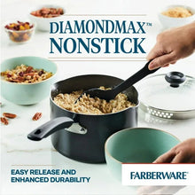 Black nonstick sauce pan with lid and handle, with built-in straining insert