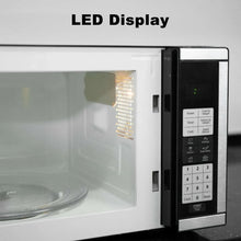 Microwave control panel with LED display and numbered keypad beside cooking options