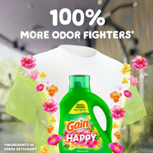 Gain Happy liquid laundry detergent bottle, green jug with flower graphics on label