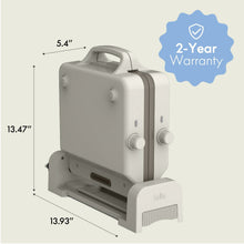 Dual temp griddle showing side profile with fold-up heat shield and two control knobs