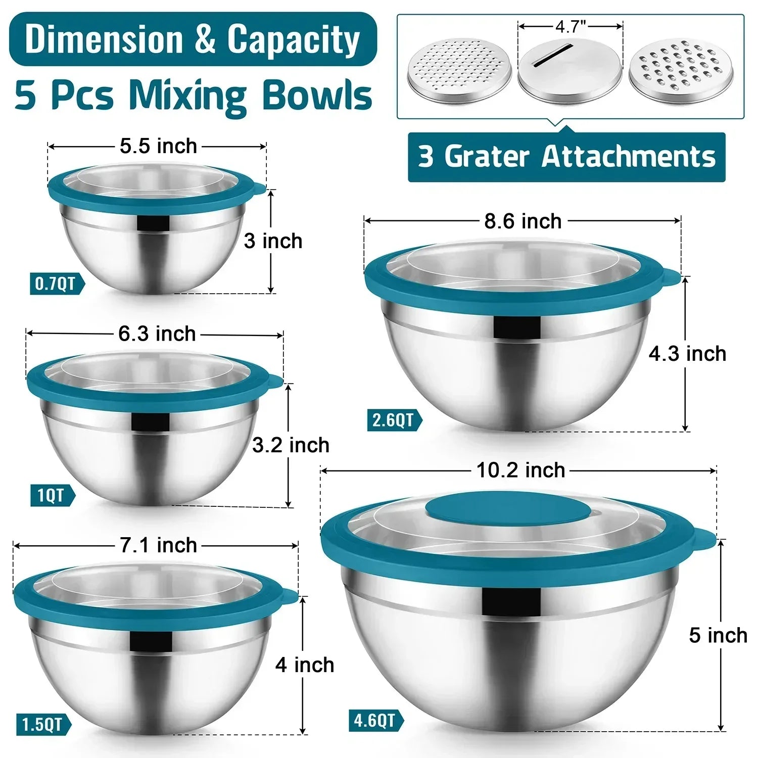Vesteel Mixing Bowls with Lids Set of 8, Stainless Steel Prep Bowls with Upgraded Airtight Visible Lid, Metal Nesting Bowl Attach with 3 Graters for Kitchen Grating/ Shredding / Mixing - USA MEGA SHOP