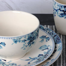 Blue rose floral bowl and plate with white ceramic and blue botanical trim