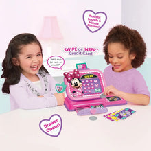 Pink Minnie Mouse cash register toy with lit $15.99 display, buttons, and card slot.