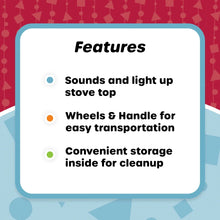 Features card: sounds and light stove top, wheels & handle, inside storage