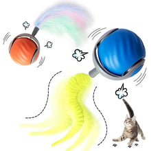 Pair of interactive cat toy balls, orange and blue with rotating brush tail