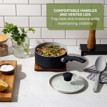 Black sauté pan with side handles and vented glass lid
