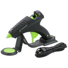High-temperature hot melt glue gun, black with green accents, with power cord attached
