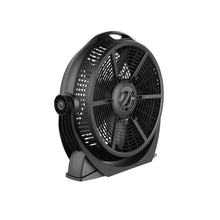 Black floor fan with pivoting head, side controls, and front grille