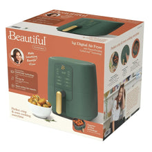 3-qt digital air fryer with thyme green body and gold handle, front control panel visible