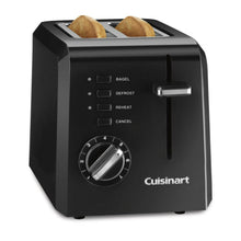 Black 2-slice toaster showing two bread slots with control panel and browning dial