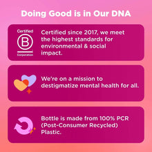Purple brand impact infographic with certified B and recycled plastic info