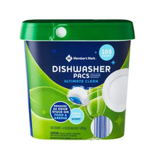 Dishwasher pacs tub with blue front, green lid, 105-count badge and Fresh Clean scent.
