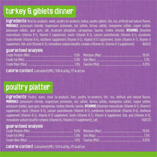 Cat wet food label panel for turkey & giblets dinner and poultry platter formulas.