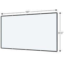 Wall-mounted projector screen with size diagram, showing 107 in width and 61.5 in height