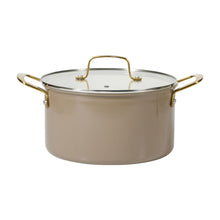 Nonstick stock pot with glass lid, taupe body, gold side handles