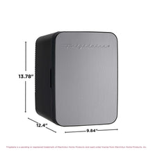 Stainless steel mini personal fridge cooler with black sides, hinged door, retro design