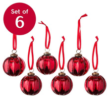 Set of 6 red glass ball ornaments with red ribbons and bronze tops