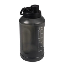 64 oz water bottle with carry loop, translucent dark body, graduated ounce markings