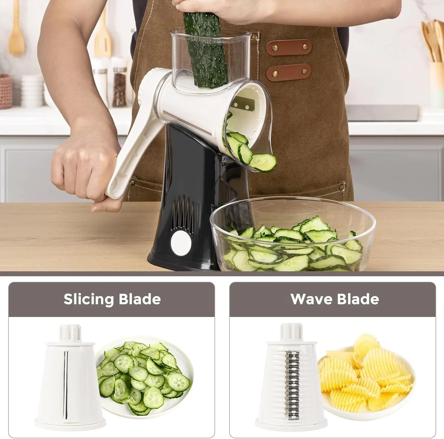 3 in 1 Cheese Grater Rotary, Cheese Shredder Grater for Kitchen Grater Slicer with 3 Replacement Blades, Potato Slicer Vegetable Chopper with Suction Base