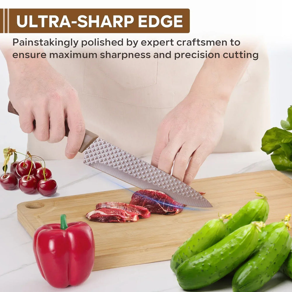 Vesteel Kitchen Knife Set of 7, Professional Stainless Steel Knives Set for Kitchen with Universal Knife Block - Khaki - USA MEGA SHOP