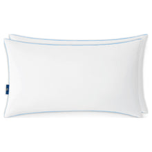 White king bed pillow with blue piping and corner label