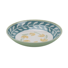 Green-edged oval serving bowl with blue floral leaf pattern