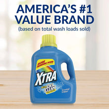 Xtra Plus OxiClean liquid laundry detergent bottle, blue with yellow cap, crystal clean